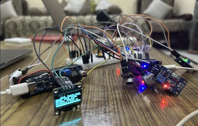 breadboard, sensors, oled display — a current bench setup